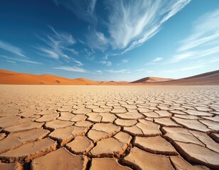 Fototapeta premium Vast desert with cracked earth. Blue sky has white clouds. Dry soil covers ground, background shows sand dunes on horizon. Barren lands scenery, eco problems of Earth. Hot weather condition.