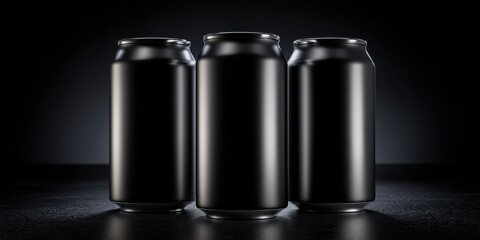 Sophisticated Composition of Three Black Satin Soda Cans Against a Chic Dark Backdrop