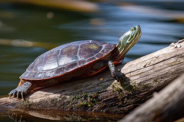 Obraz premium Serene Western Painted Turtle Relaxing on a Log by Lake Sammamish in Issaquah, Washington