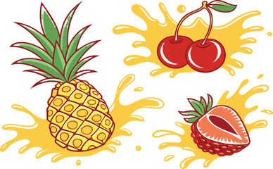 Vector illustration of a fresh, juicy, ripe pineapple, a sweet tropical fruit, with green leaves, perfect for a healthy summer food design