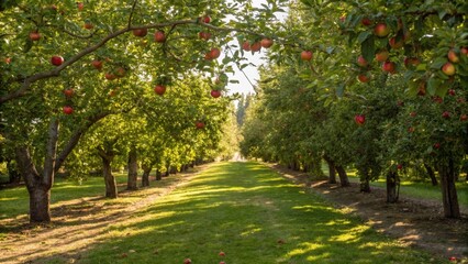 harvest festival for mindfulness Lush orchard with apple trees lining a sunlit path, showcasing ripe fruit and green grass.