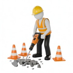 Fototapeta premium Construction worker operating jackhammer breaking concrete roadwork safety cones 3d rendering