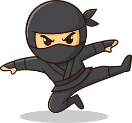 Vector cartoon ninja warrior character, black costume, jumping landing pose