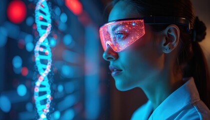 Female scientist analyzes DNA data with futuristic smart glasses. Researcher studies genetic information in laboratory. Scientist wears high tech glasses with virtual display.