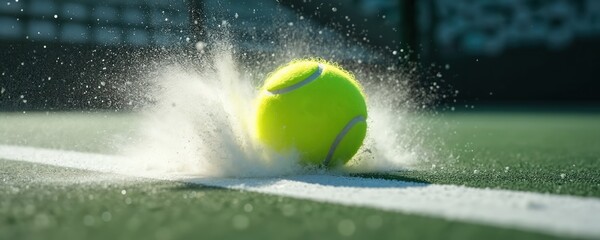 Tennis ball hits white line on court, kicking up dust and spray. Dynamic motion captures intense sports action. Focus on impact and precision play.