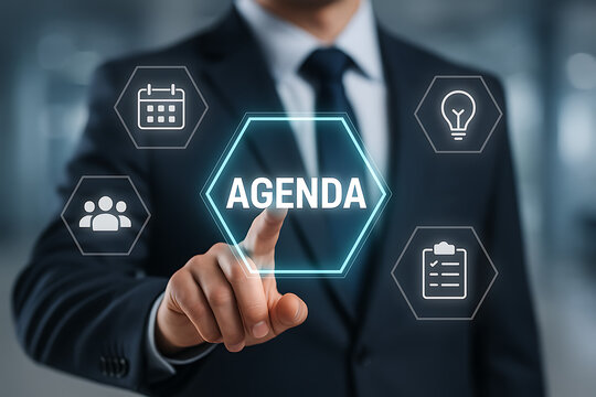 Businessman pointing at virtual screen with "agenda" text and icons representing planning, idea, team, and checklist for business meeting organization, strategy, and management - Powered by Adobe