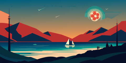 Stylized Sunset Landscape With Sailboat And Mountains