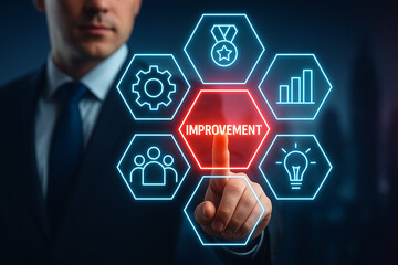 Businessman pointing to a virtual screen with red "improvement" text surrounded by icons for team, idea, chart, gear, and medal, for continuous business development and quality enhancement