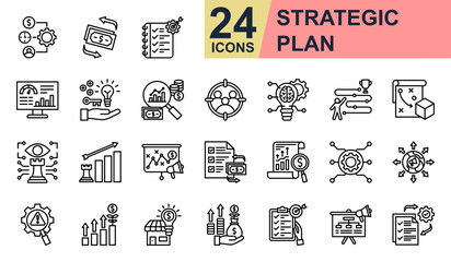 Strategic Plan Icons set vector illustration. Containing Cash Flow, KPI Dashboard, Opportunity, Target Audience, Business Growth and more. Simple line icons collection.