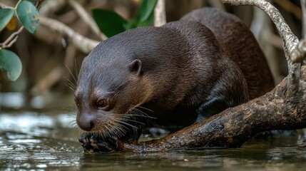 Obraz premium Wild Giant River Otter foraging in its Natural Habitat: A Glimpse into Brazil's Rich Pantanal Ecosystem