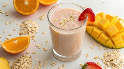 oat milk smoothie recipe Creamy smoothie with fruits and oats, garnished with strawberries and surrounded by oranges and mangoes.