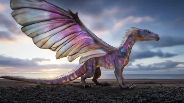 Fantasy dragon with colorful wings walking on dark beach at dusk
