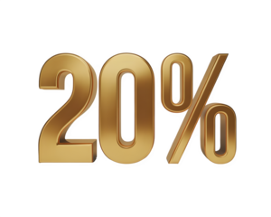 3D metallic gold “20%” , twenty percent, 20 percent, 25% golden, isolated on transparent background — premium symbol for growth, finance, analytics, and performance visuals