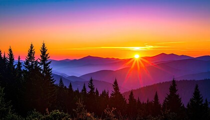Vibrant mountain landscape at sunset with silhouetted pine trees and colorful sky orange sunbeams casting light over rolling hills