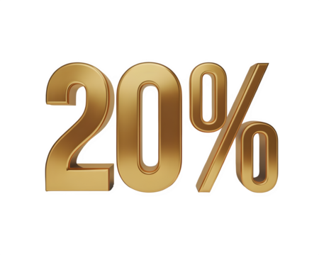 3D metallic gold “20%” , twenty percent, 20 percent, 25% golden, isolated on transparent background — premium symbol for growth, finance, analytics, and performance visuals