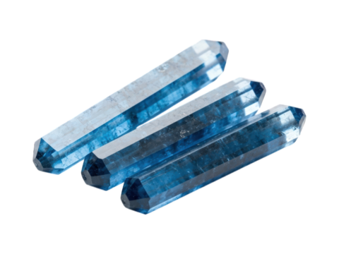 Three aquamarine blue crystal points, angled on a black background - Powered by Adobe