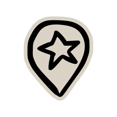 Favorite location star pin doodle sticker icon: hand drawn illustration of GPS map marker for important place, landmark, and best spot design