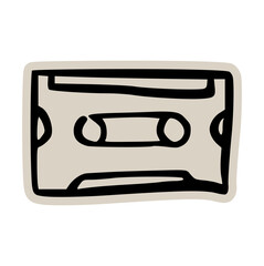 Retro cassette tape doodle sticker icon: hand drawn illustration of vintage music media, audio recording, and 80s 90s pop culture design