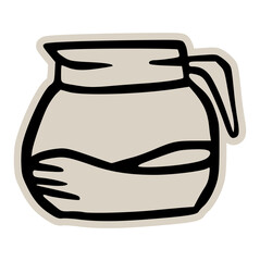 Coffee pot carafe doodle sticker icon: hand drawn illustration of glass decanter for fresh brewed coffee, cafe, and breakfast design