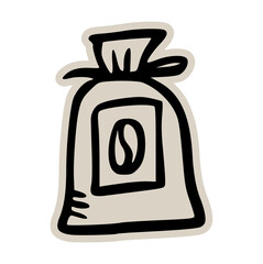 Coffee bean sack bag doodle sticker icon: hand drawn illustration of raw or roasted coffee material for cafe, wholesale, and farm design