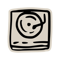 Turntable vinyl player doodle sticker icon: hand drawn illustration of music equipment for DJ, retro audio, and party design