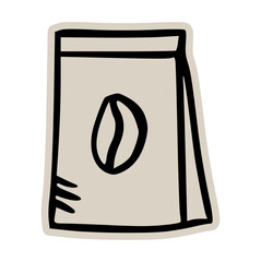Coffee bean package doodle sticker icon: hand drawn illustration of roasted coffee bag for cafe, product packaging, and branding design