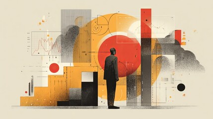 A pensive man in a suit observes abstract graphs and shapes, reflecting on data analysis and creative thought.
