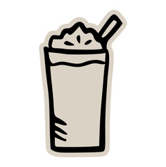 Frappe or milkshake doodle sticker icon: hand drawn illustration of cold coffee drink with whipped cream and straw for cafe and menu design
