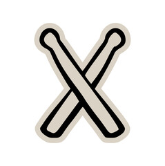 Crossed drumsticks doodle sticker icon: hand drawn illustration of percussion instrument for music, rock band, and live concert design