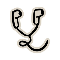 Wired earphone doodle sticker icon: hand drawn illustration of portable audio device for music, podcast, and listening technology design