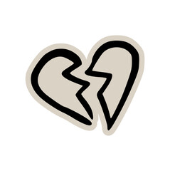 Broken heart doodle sticker icon: hand drawn illustration of split love symbol for sadness, breakup, and emotional distress design