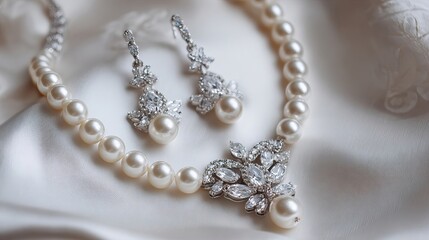Elegant pearl and diamond necklace with matching earrings, beautifully arranged on soft fabric.