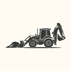 Vector art of backhoe loader digging dirt with front loader and excavator arm, isolated on light background