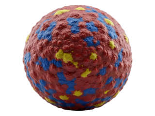 Textured sphere with red, blue, and yellow patches