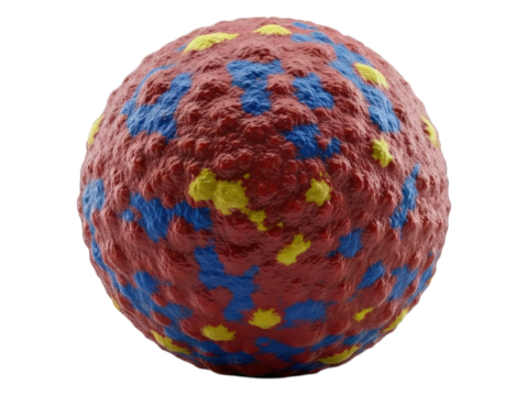 Textured sphere with red, blue, and yellow patches - Powered by Adobe