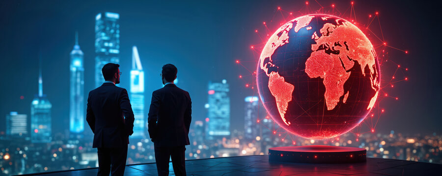 Two businessmen observe glowing digital globe. Red network shows global connections. They stand on city building at night, planning tech strategy and future enterprise.