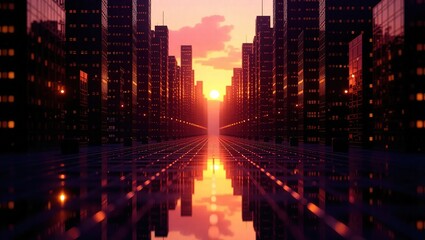 Futuristic Cityscape at Sunset with Reflections.