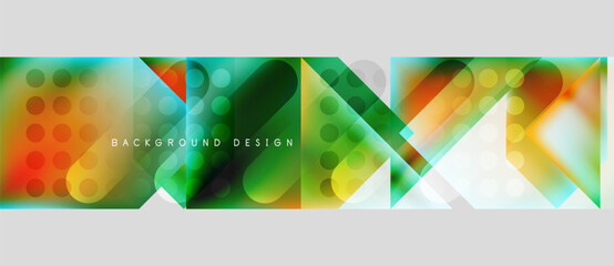 Abstract geometric shapes, vibrant colors, modern design. Circles overlap triangles creating dynamic visual effect. Background suitable for presentations.