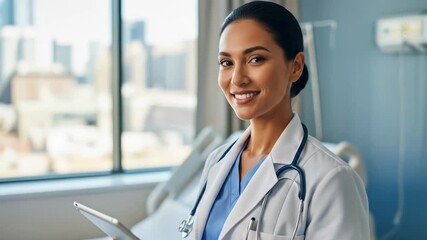 Smiling female doctor holding a tablet in a patient's room - Powered by Adobe