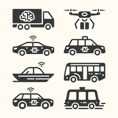 Vector art of collection of autonomous vehicle icons including a truck with ai brain, drone, selfdriving cars, boat, and bus