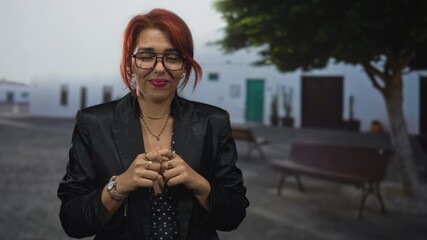 Woman with red hair and glasses fiddles with rings, hands clasped near chest on a quiet street with benches and white buildings; confidence approachable. - Powered by Adobe