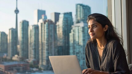 A young South Asian woman working on a laptop, gazing thoughtfully at a city skyline during sunset.