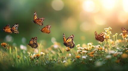 A beautiful gathering of butterflies fluttering over vibrant flowers in a sun-kissed garden.