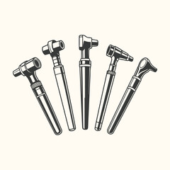 Vector art of a collection of five vintage dental handpiece instruments arranged in a fan shape on a cream background