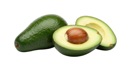 Two avocados; one halved with its pit, on a black background