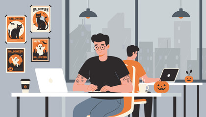 Colleagues working in a festive office decorated for Halloween with a city view on a rainy day