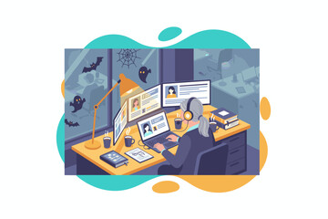 Obraz premium Focused professional working in an office with Halloween decor customer service or recruitment concept