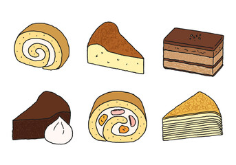いろんなケーキの手描きイラストセット