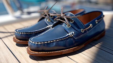 Elegant blue leather boat shoes with intricate stitching, resting on a wooden deck under bright sunlight.