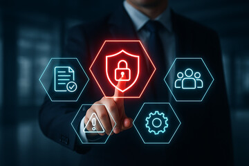 Cyber security concept business data protection internet network defense against digital attacks using shield lock alert icon and team collaboration